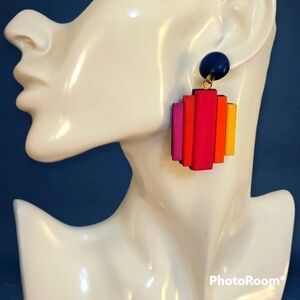 Vtg 1980s Atomic Modernist Pink Rainbow Wood Dangle Earrings